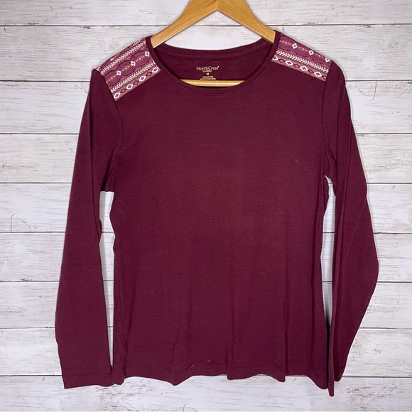 Northcrest Burgundy Maroon Aztec Shoulder Detail Long Sleeve Top M - Picture 2 of 5